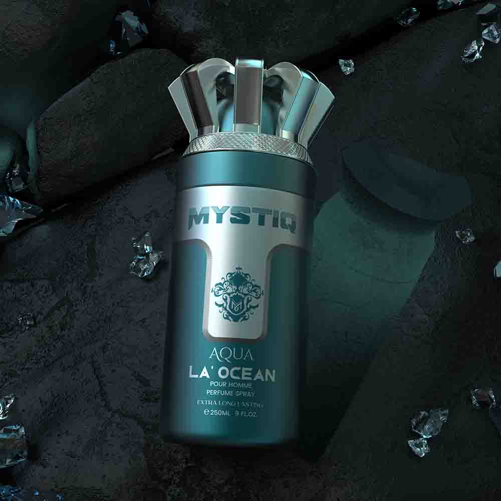 A turquoise perfume body spray creative poster from Mystiq by Savia Exclusive