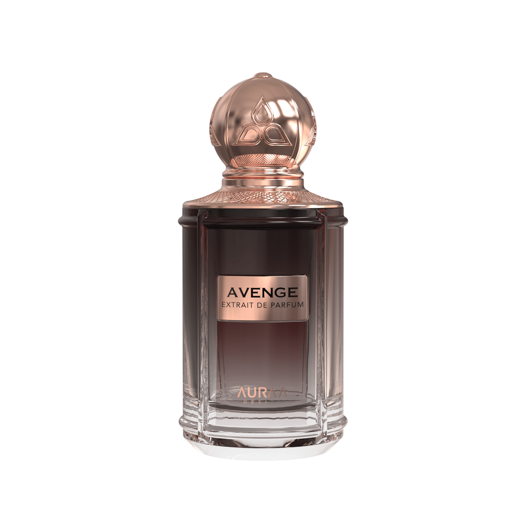 A brown perfume bottle by Savia Exclusive with a golden cap & white background