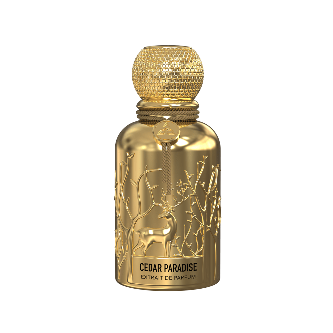 A golden perfume bottle by Savia Exclusive with white background