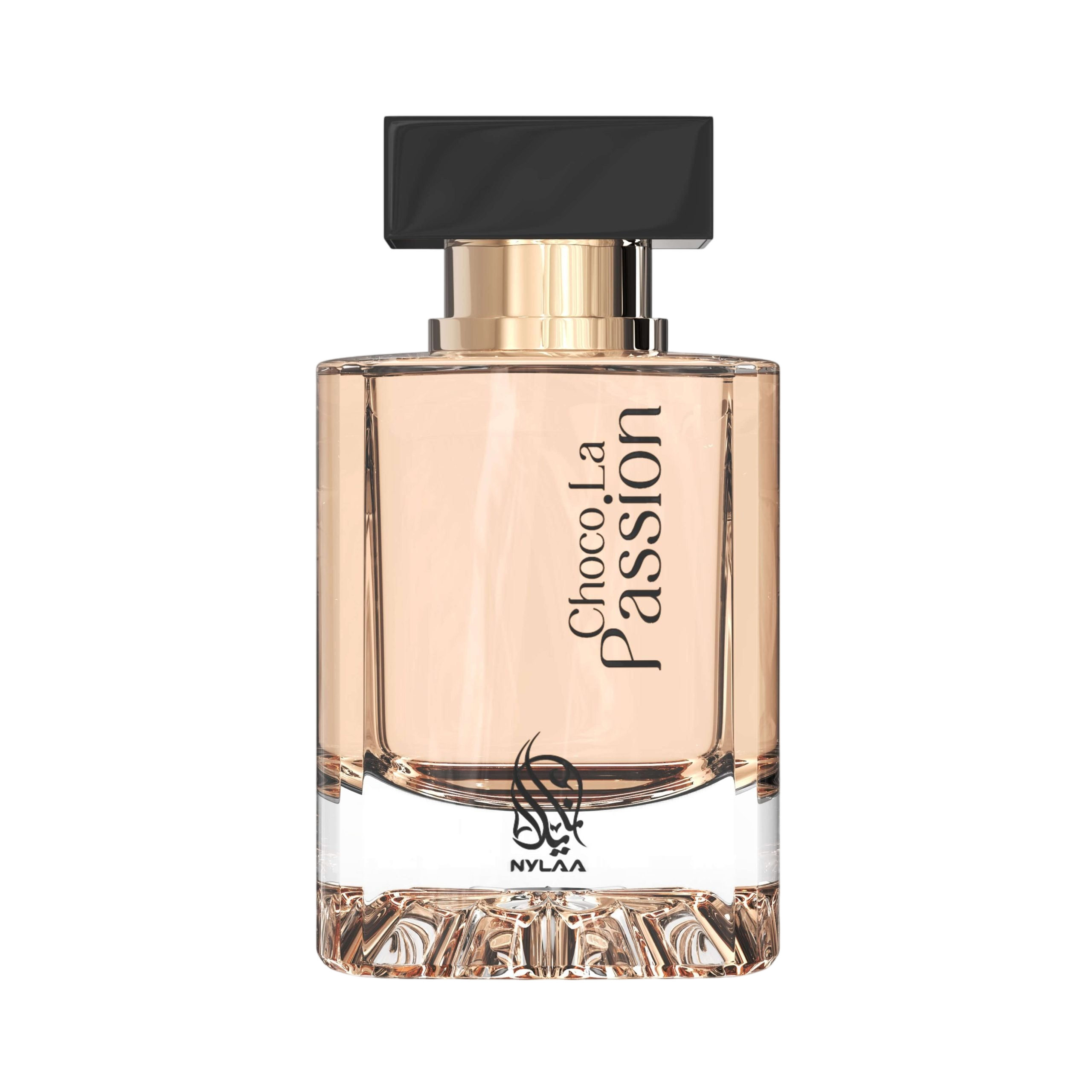 A light pink perfume bottle by Savia Exclusive with a black cap & white background