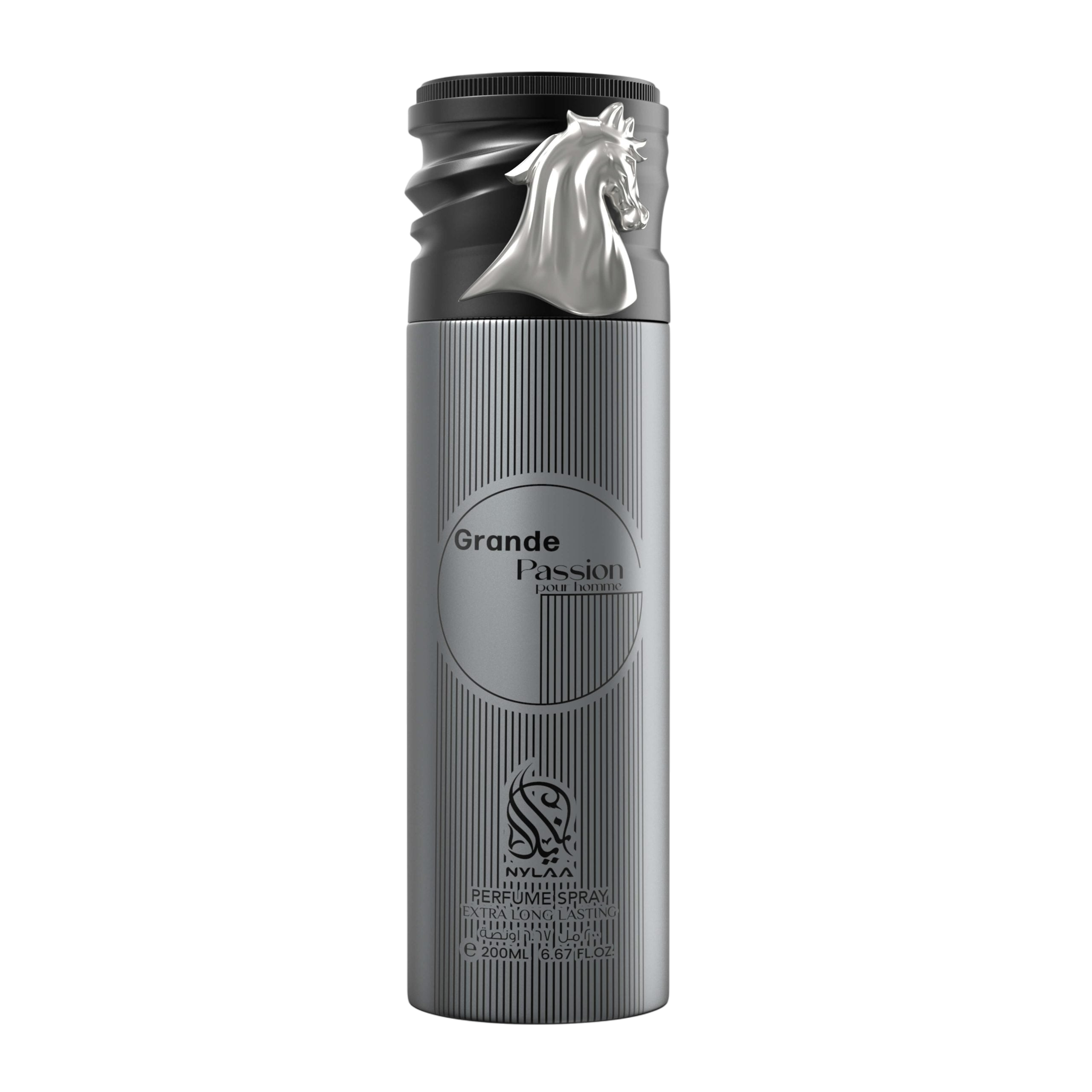 A grey & black body spray bottle with white background by Savia Exclusive