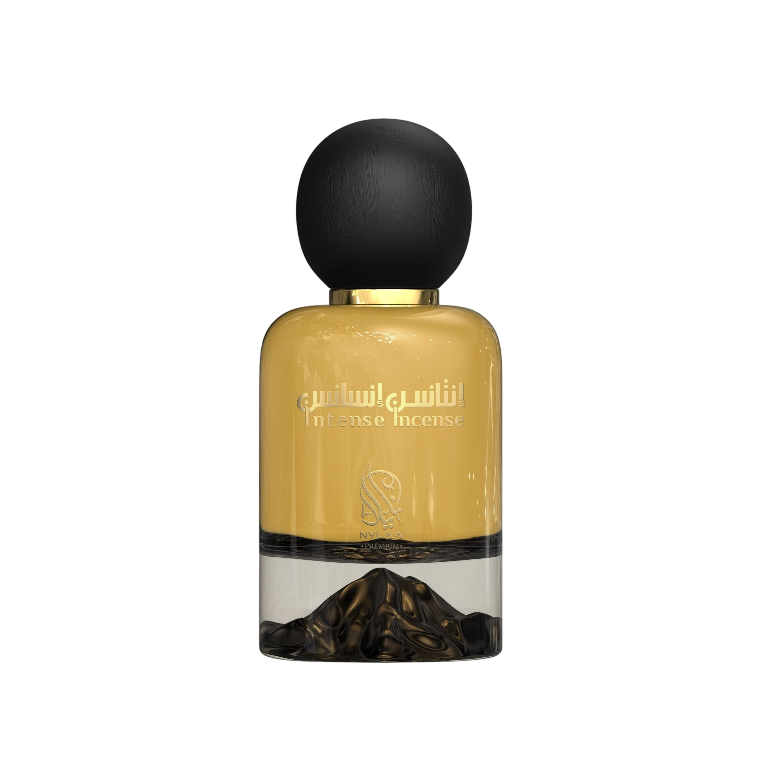 A golden perfume bottle with black round cap from Nylaa by Savia Exclusive