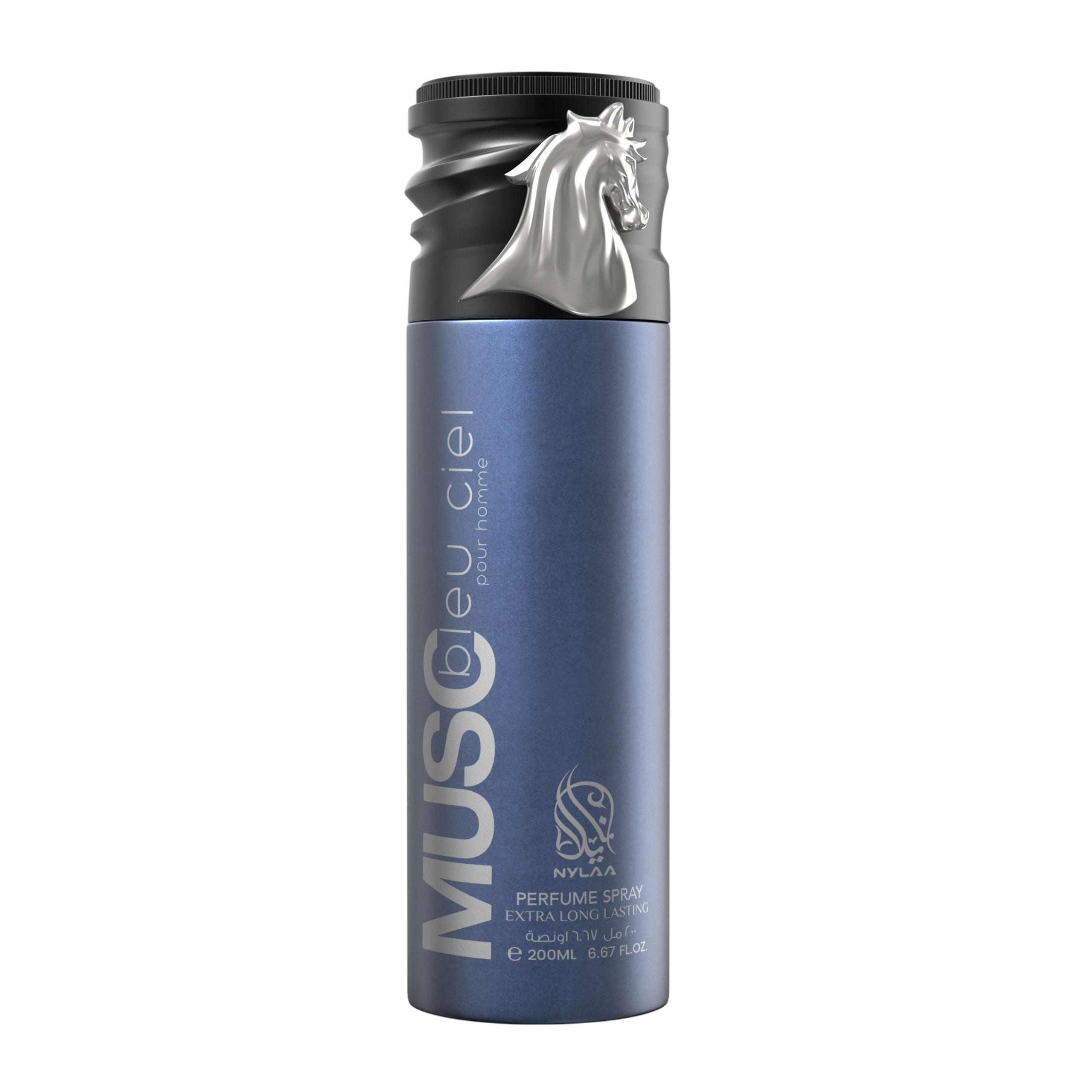 A blue body spray bottle with a black cap by Savia Exclusive