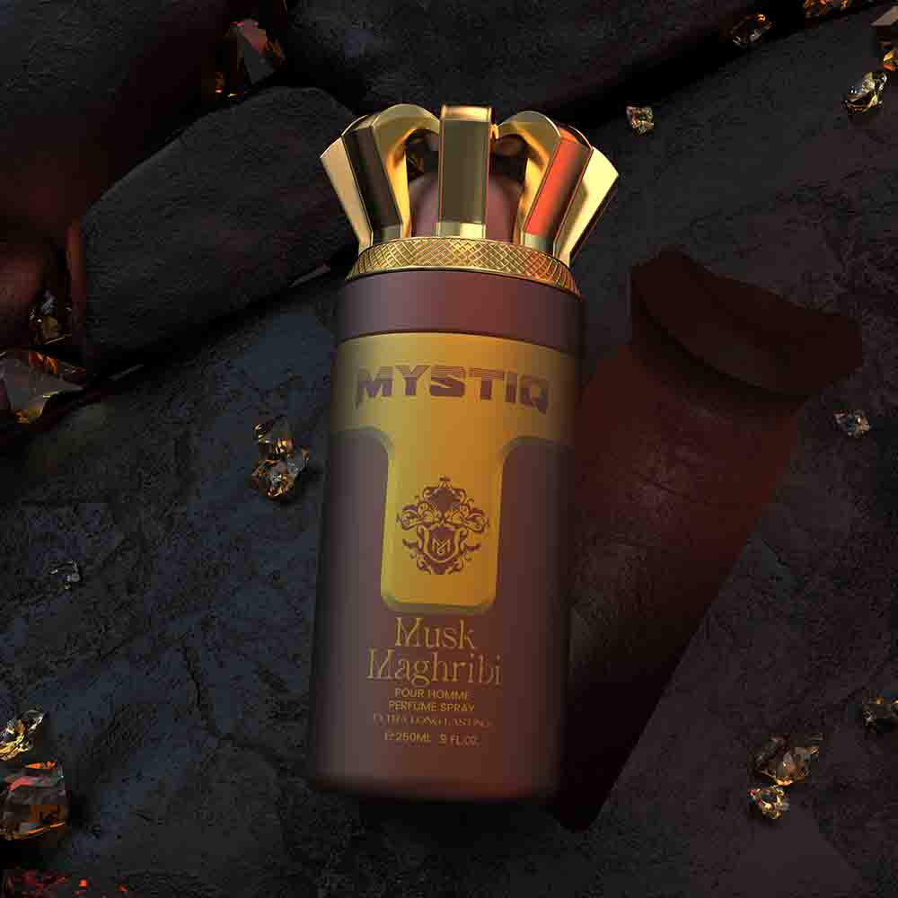 A maroon perfume body spray creative poster from Mystiq by Savia Exclusive