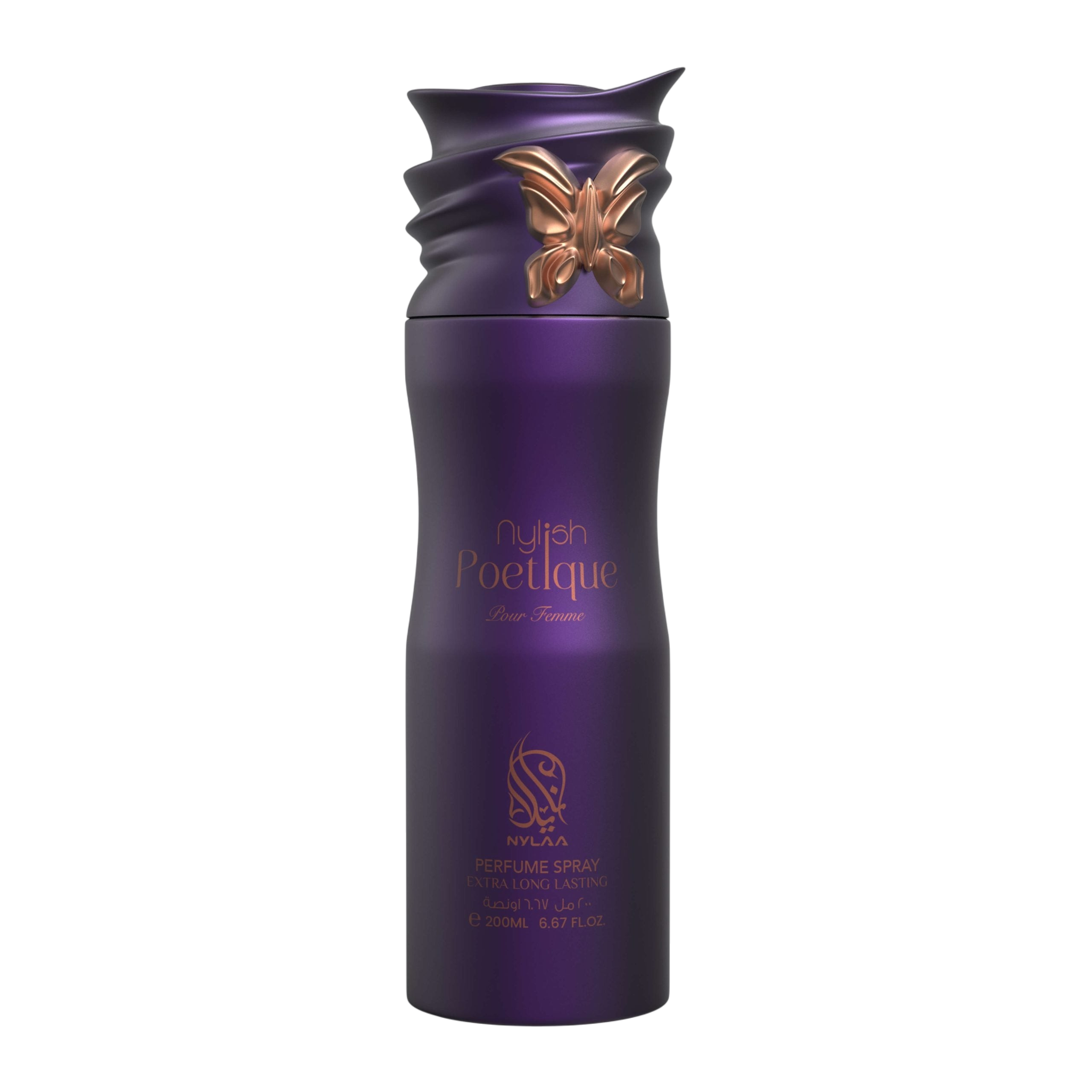 A purple body spray bottle with a white background by Savia Exclusive