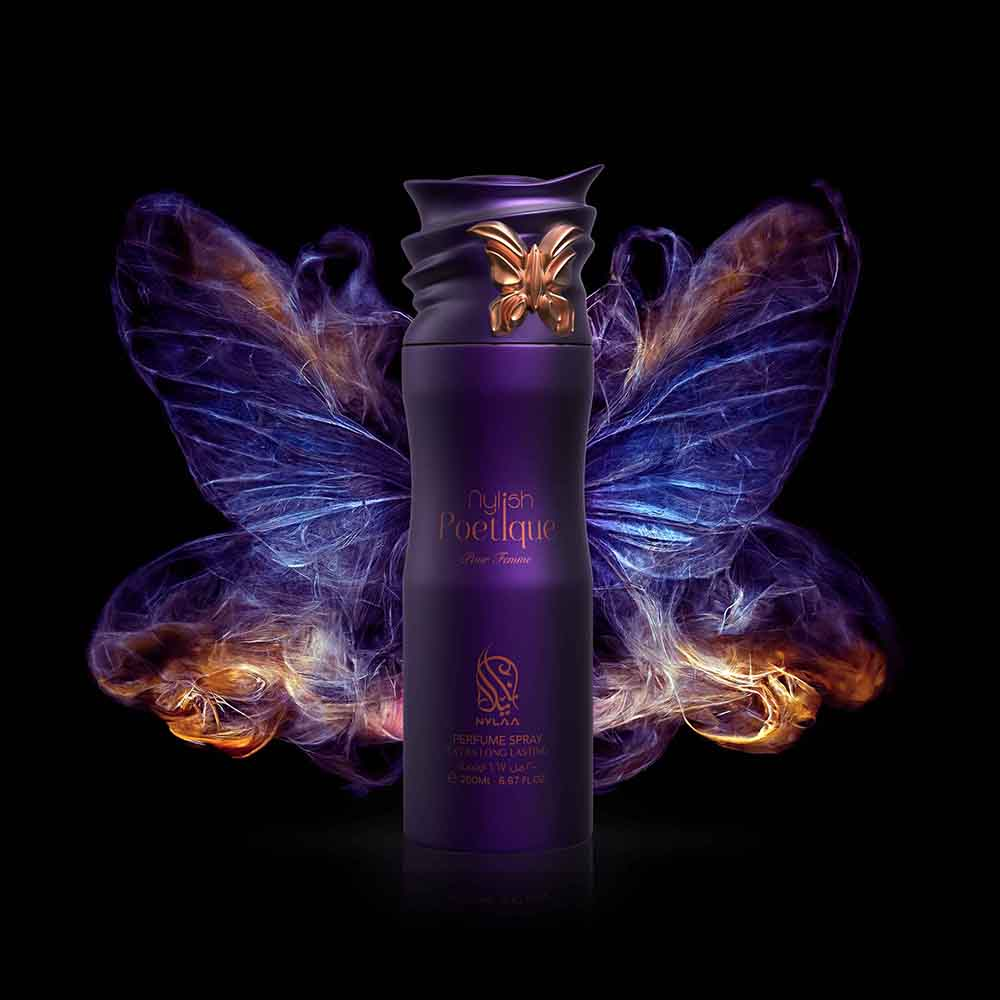 A purple body spray bottle poster with butterfly wings from Nylaa by Savia Exclusive