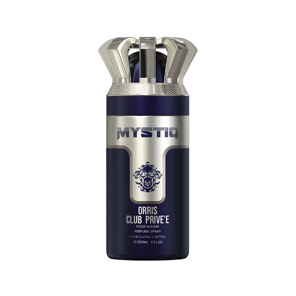 A dark blue perfume body spray from Mystiq by Savia Exclusive