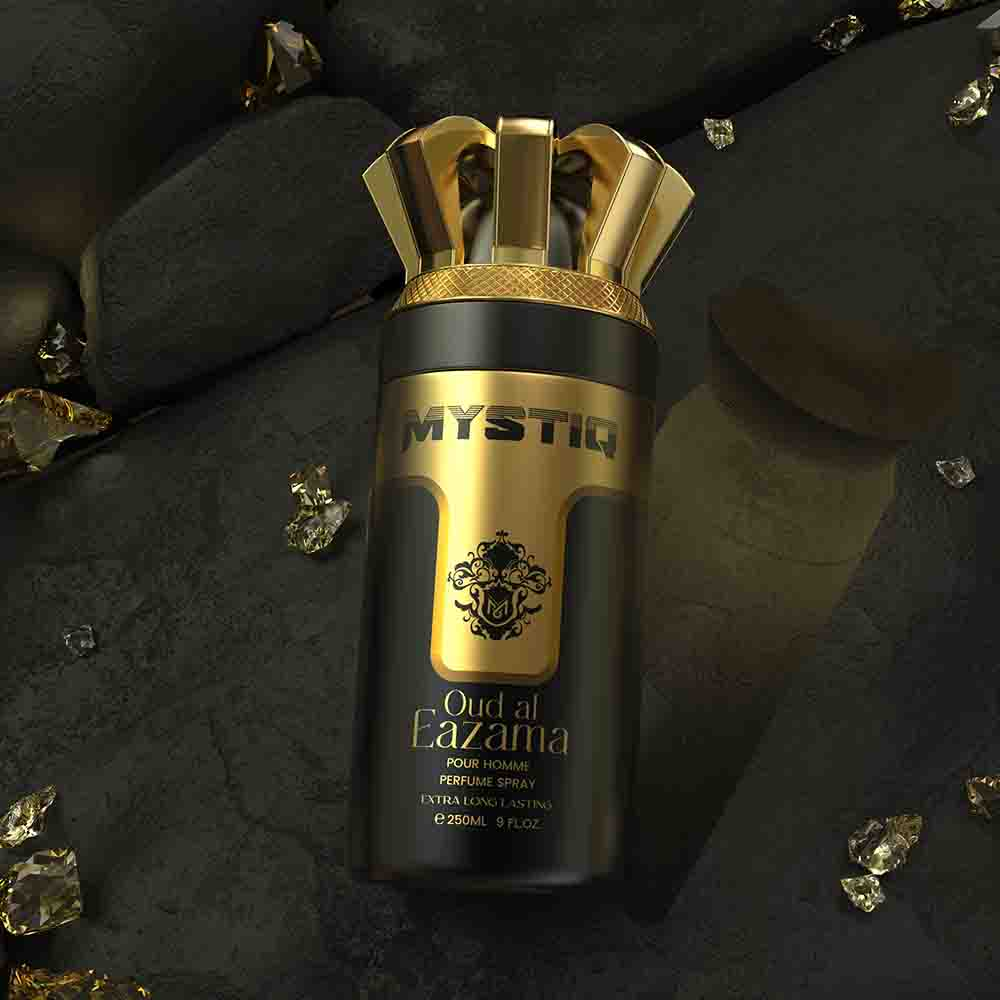 A black perfume body spray creative poster from Mystiq by Savia Exclusive