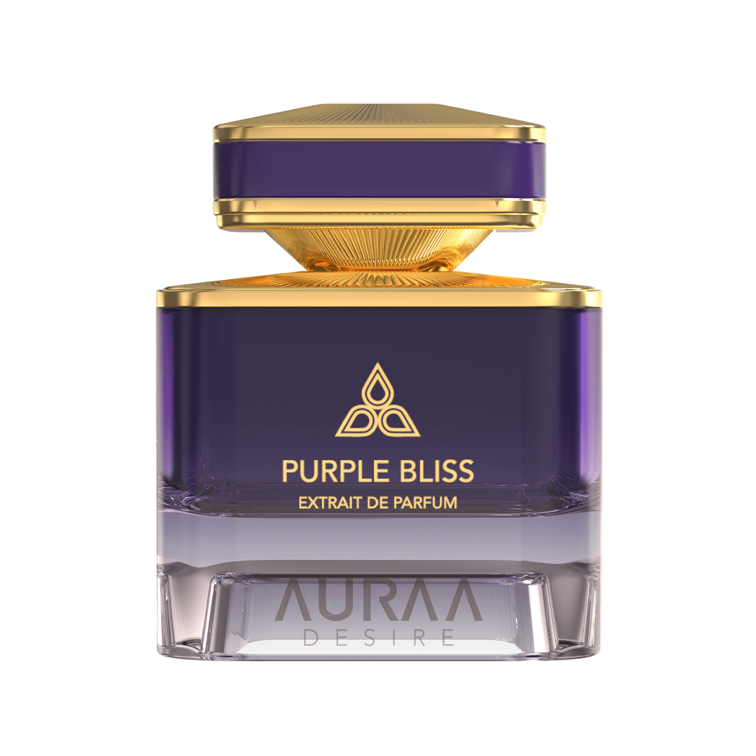 A purple & golden perfume bottle by Savia Exclusive with white background
