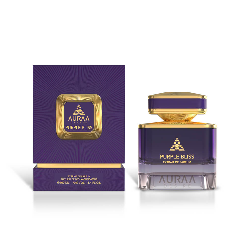 A purple perfume bottle with box from Auraa Desire by Savia Exclusive