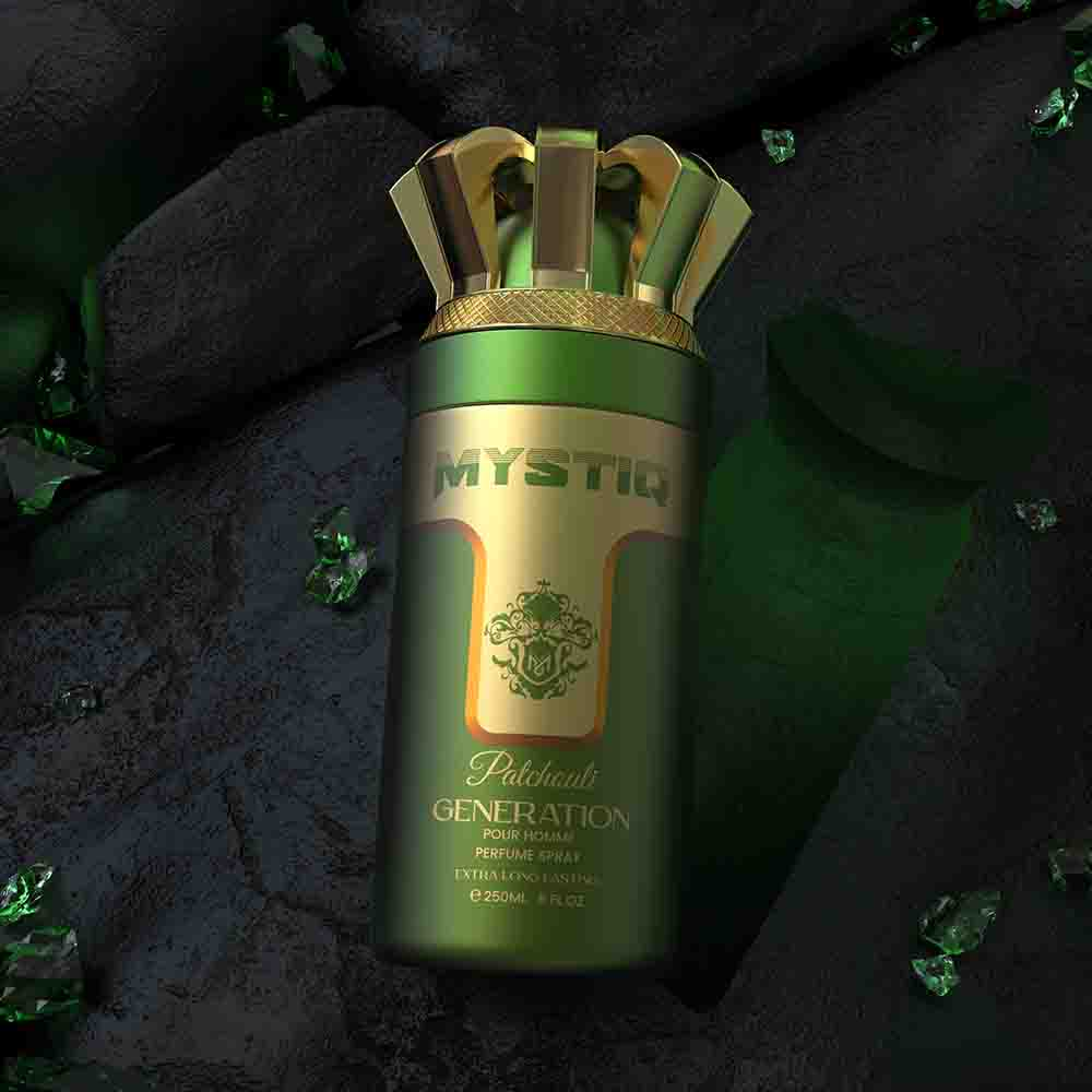 A green perfume body spray creative poster from Mystiq by Savia Exclusive