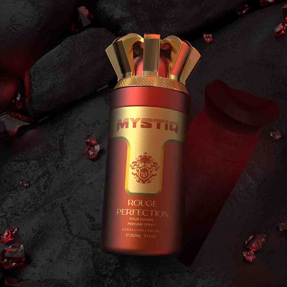 A dark red perfume body spray creative poster from Mystiq by Savia Exclusive