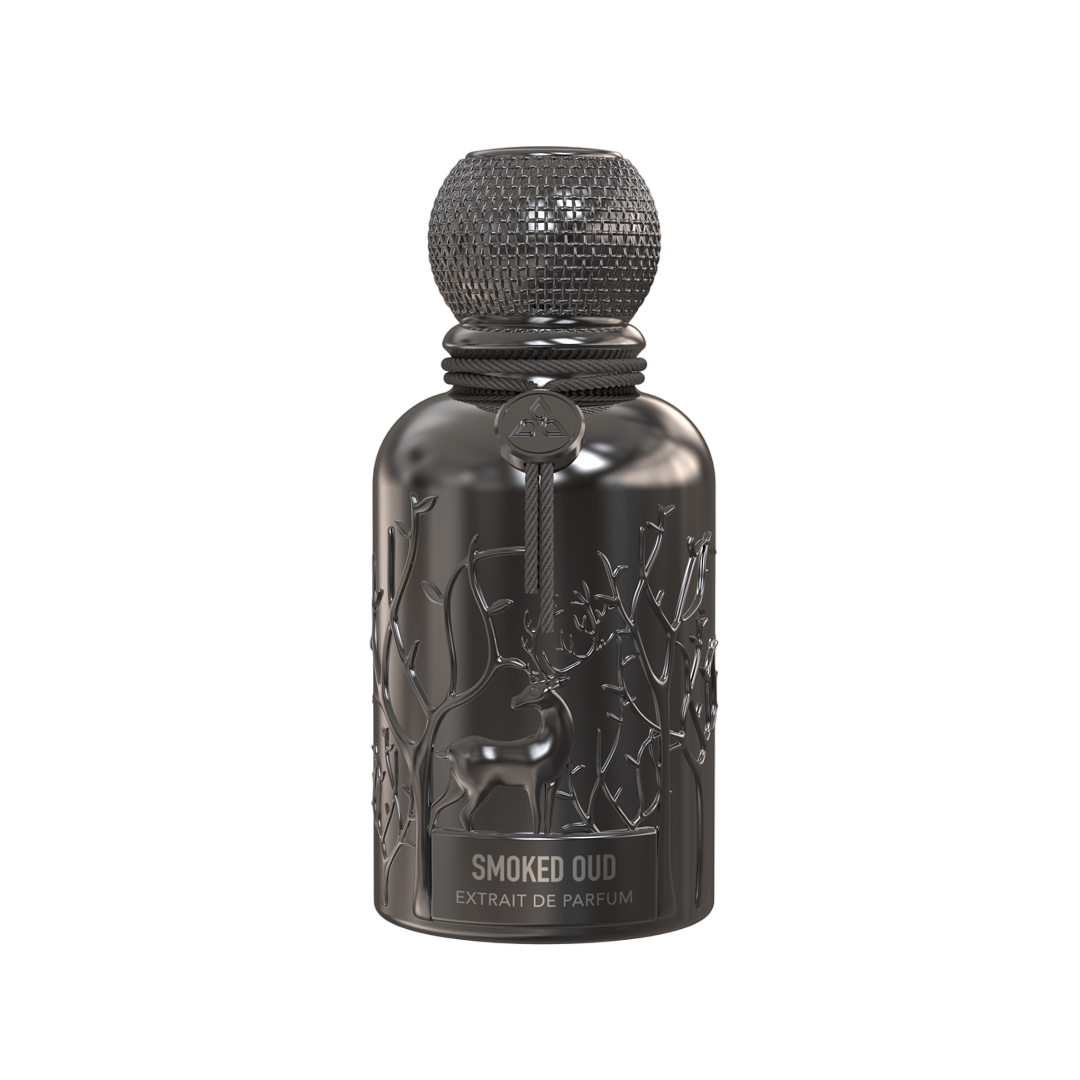 A black perfume bottle by Savia Exclusive with white background