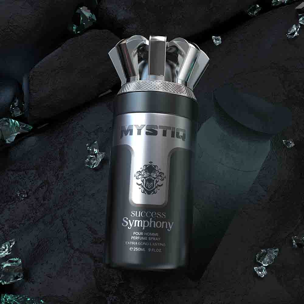 A grey perfume body spray creative poster from Mystiq by Savia Exclusive