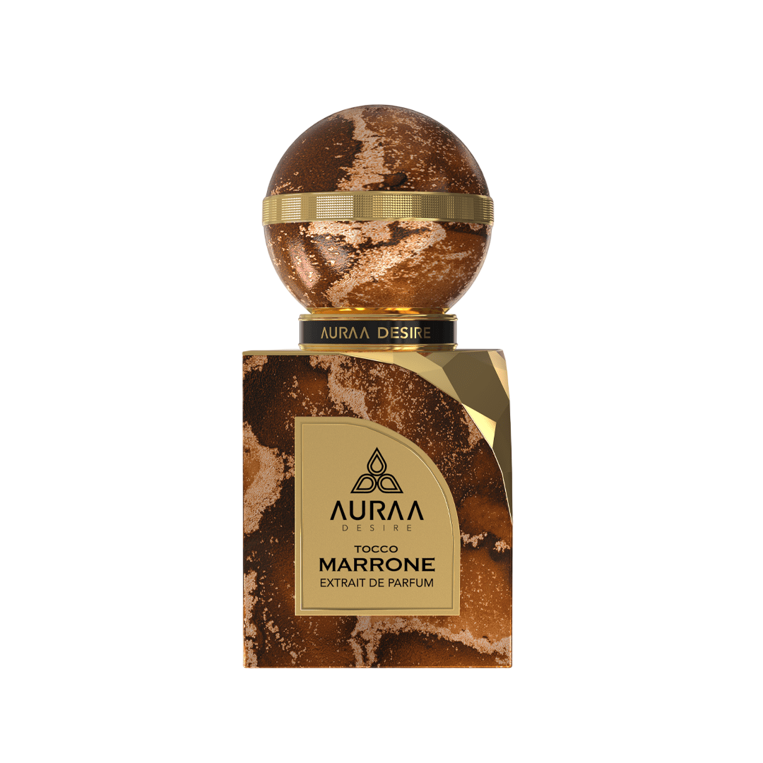 A light brown & golden perfume bottle by Savia Exclusive with white background