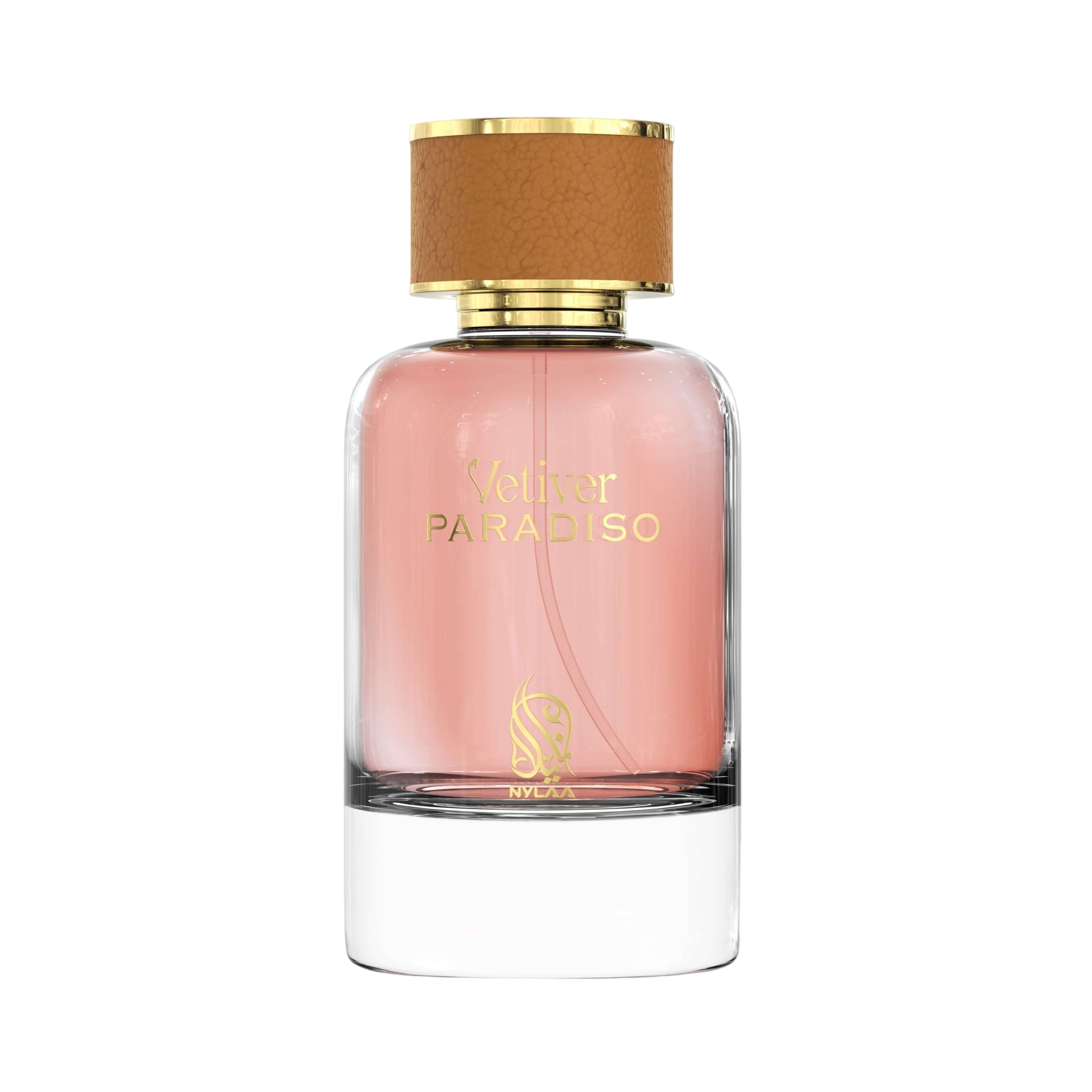 A transparent light pink perfume bottle by Savia Exclusive with white background