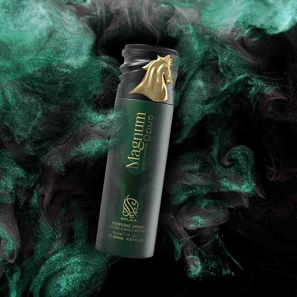 A green body spray with a black cap creative poster from Nylaa by Savia Exclusive