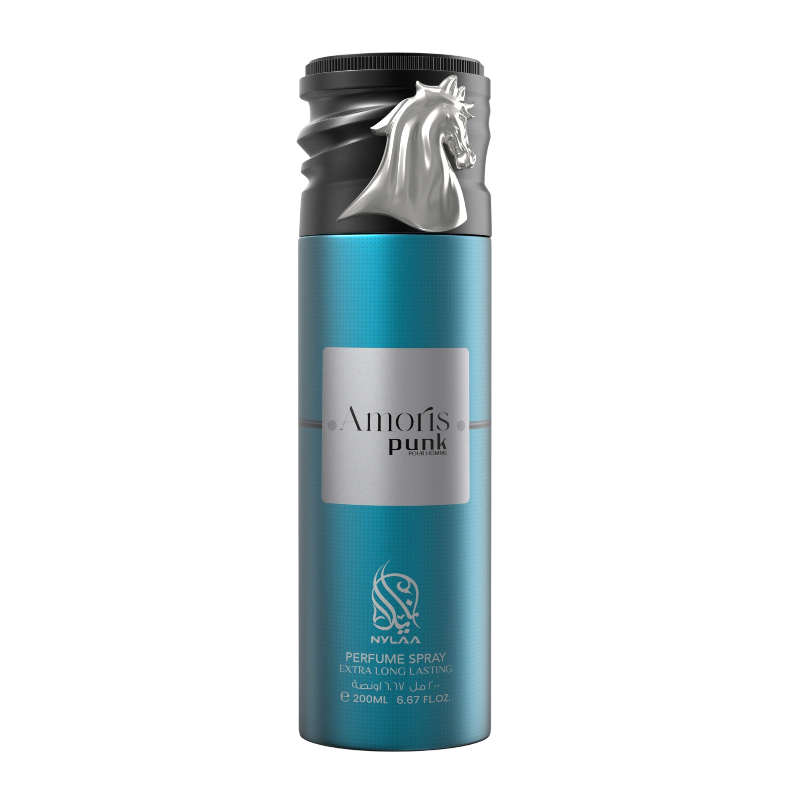 A blue body spray bottle with a black cap & white background by Savia Exclusive