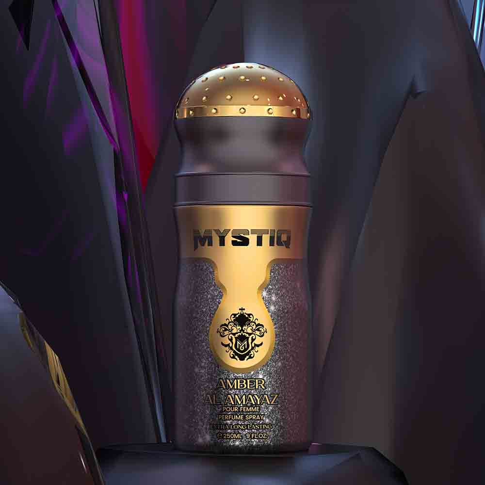 An grey & golden perfume body spray creative poster from Mystiq by Savia Exclusive