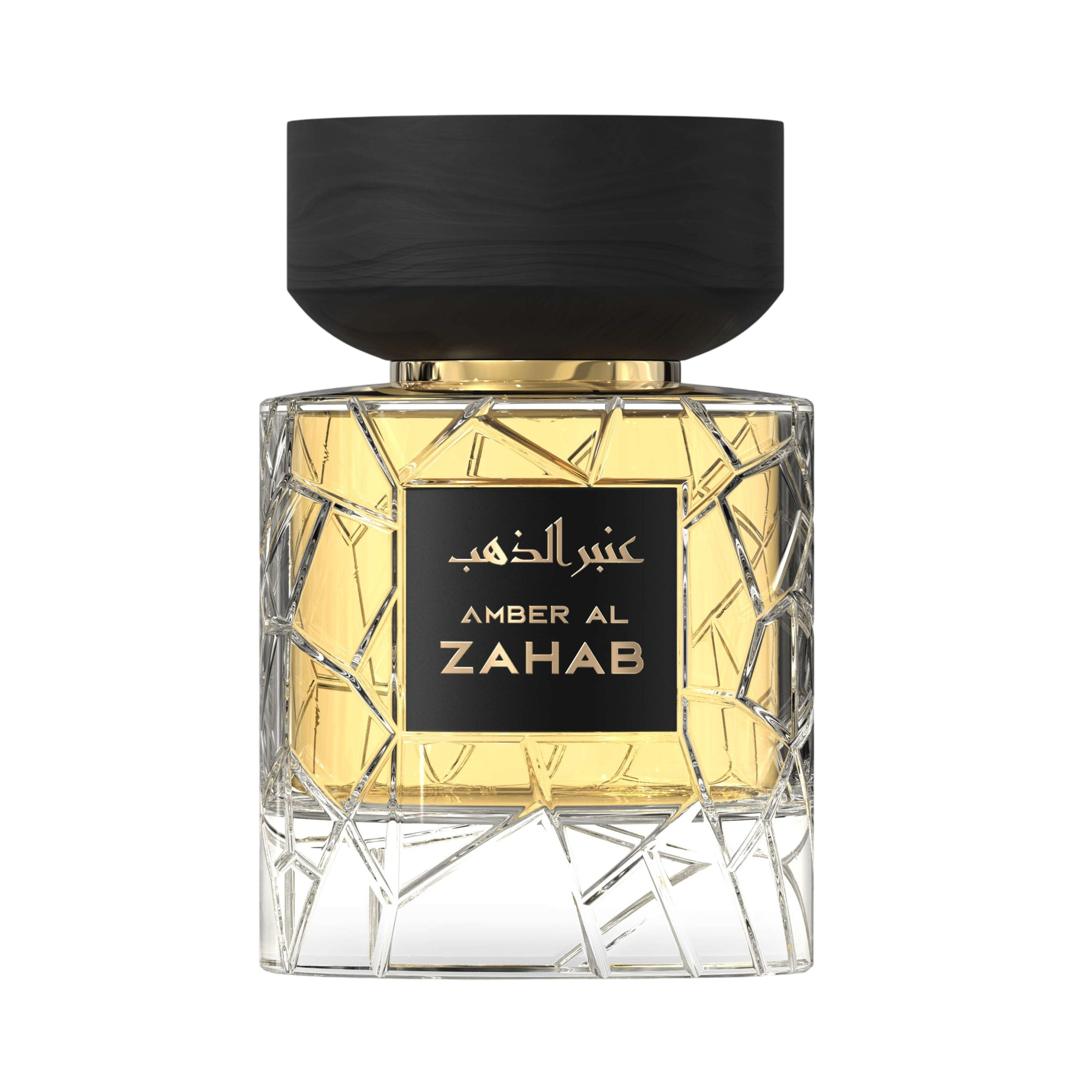 A transparent golden perfume bottle by Savia Exclusive with a black cap