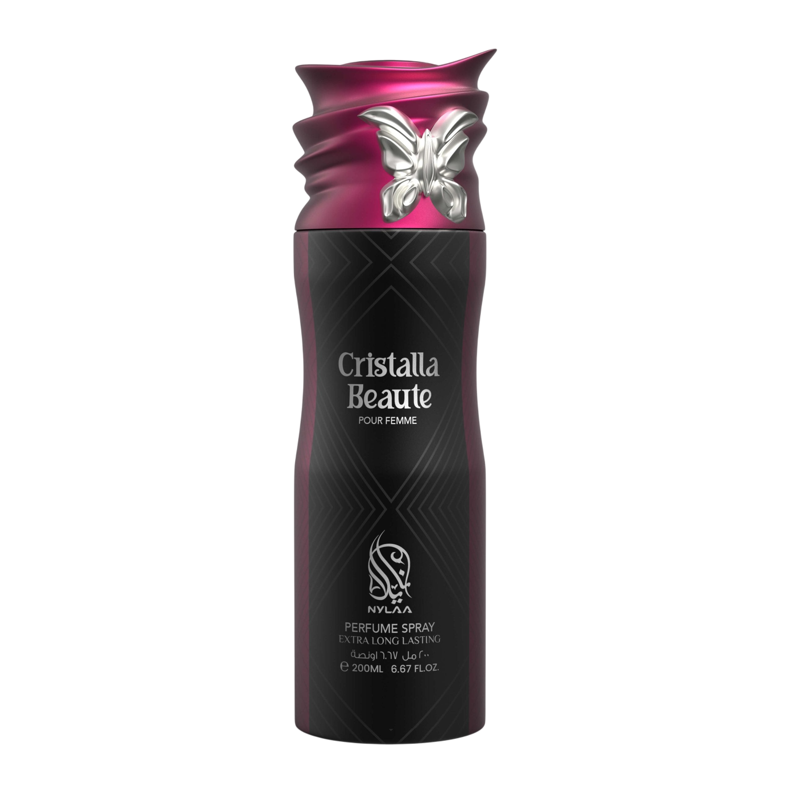 A black & pink body spray bottle with a white background by Savia Exclusive
