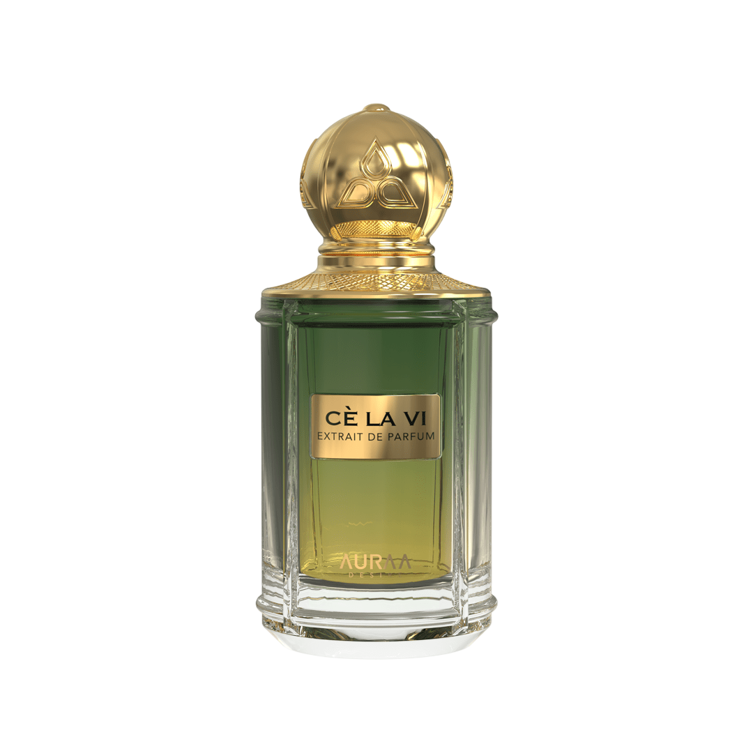 A green perfume bottle by Savia Exclusive with a golden cap & white background