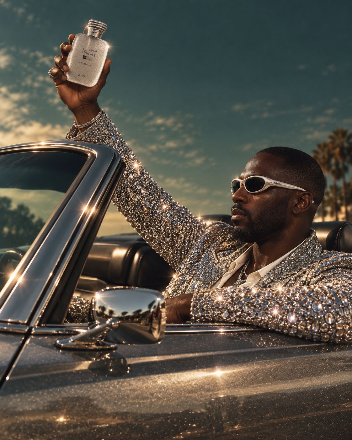 He drives a rhinestone convertible through the city at night, jacket blazing
