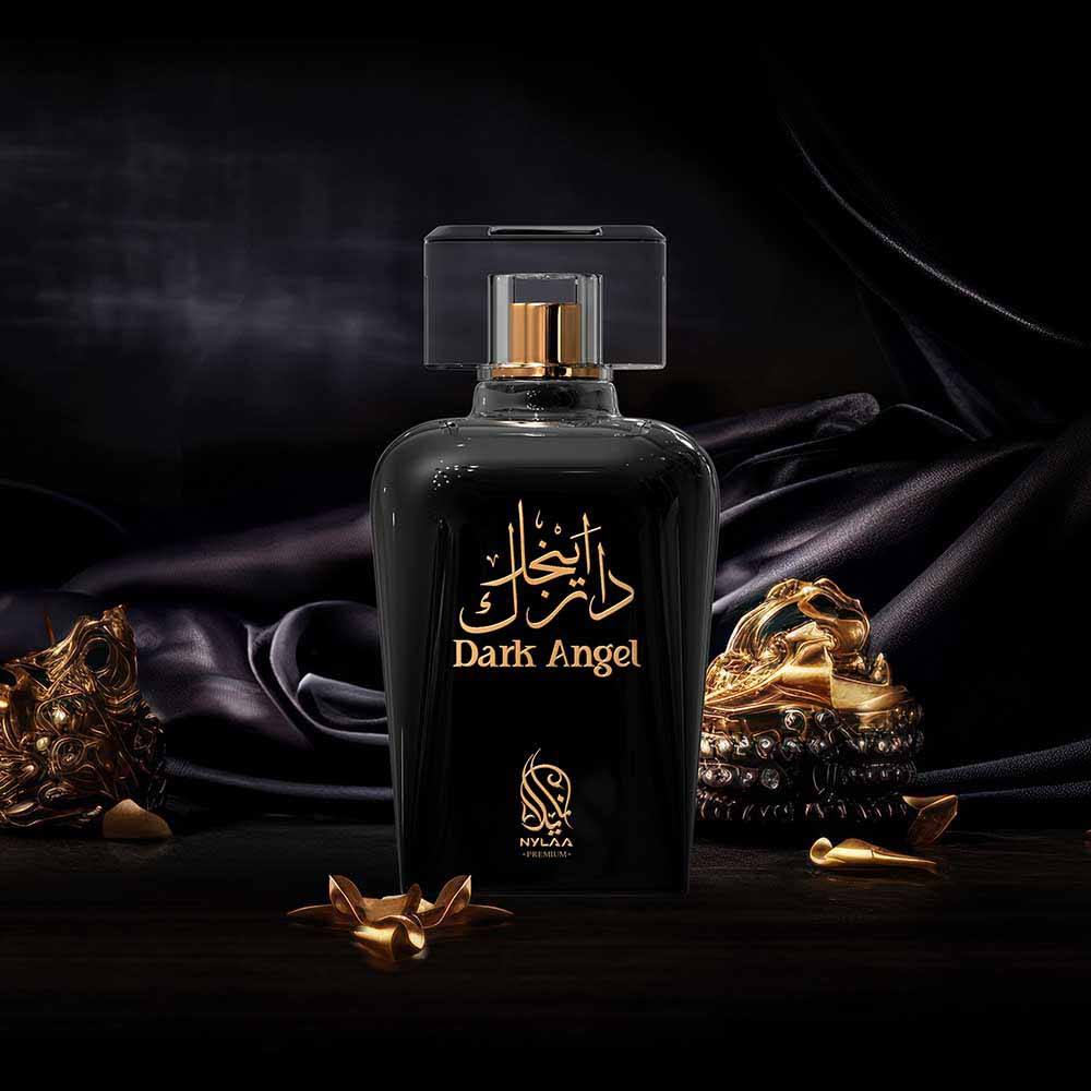 A black perfume bottle poster from Nylaa by Savia Exclusive with a black velvet background