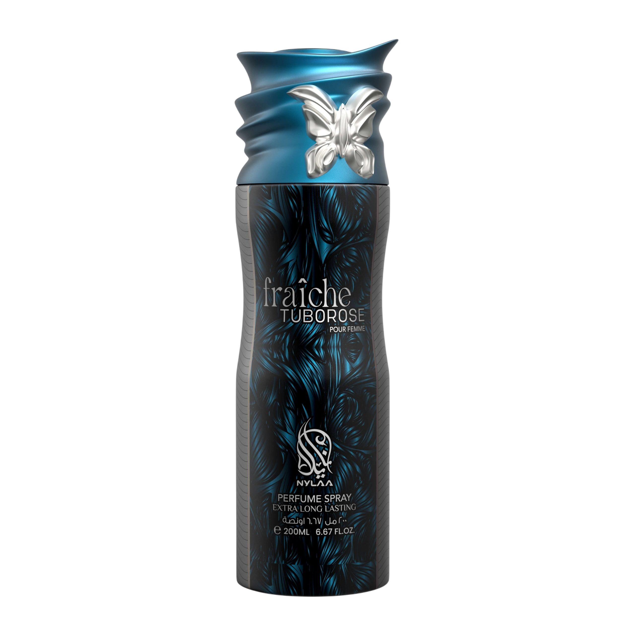 A black & blue body spray bottle with white background by Savia Exclusive