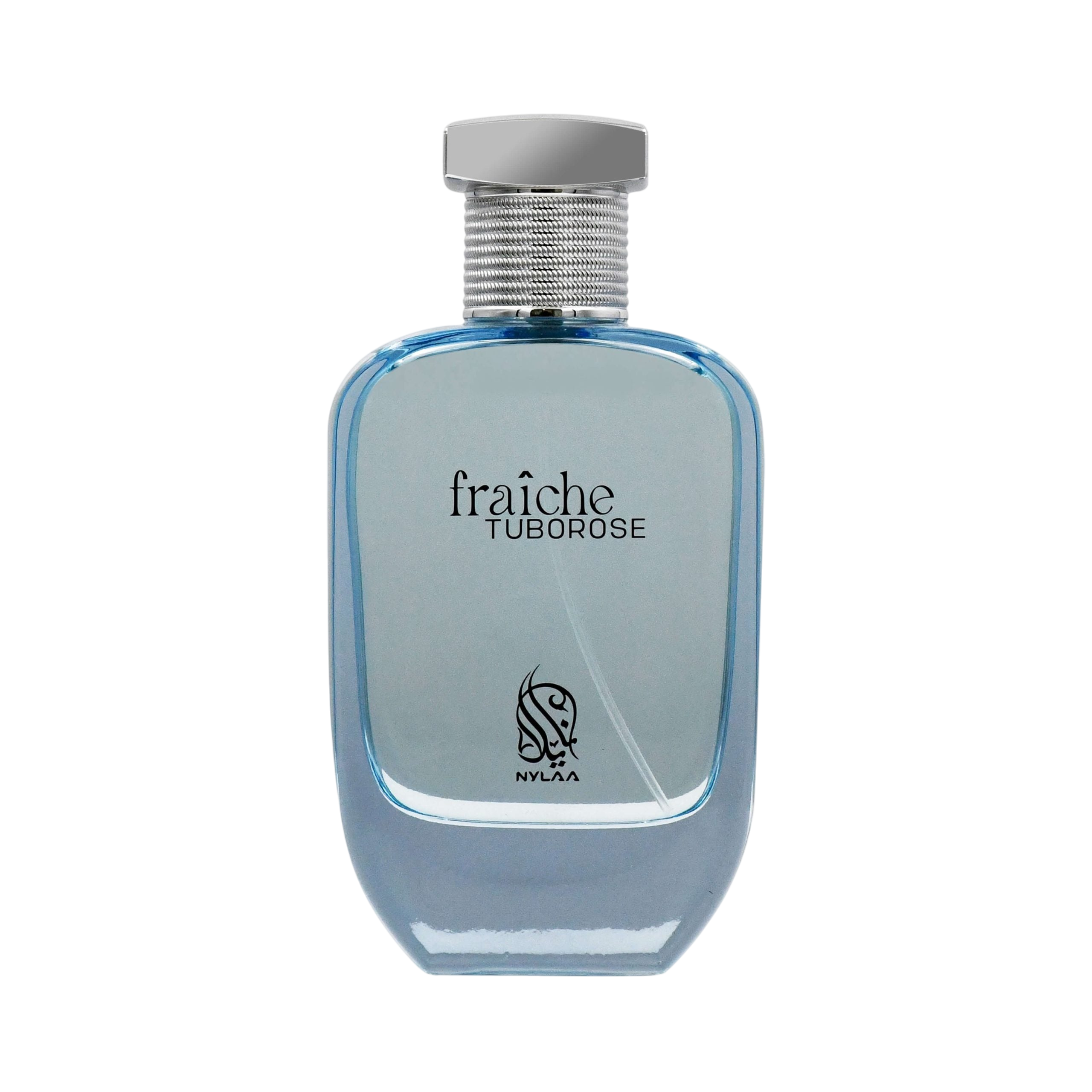 A light blue transparent perfume bottle by Savia Exclusive with white background