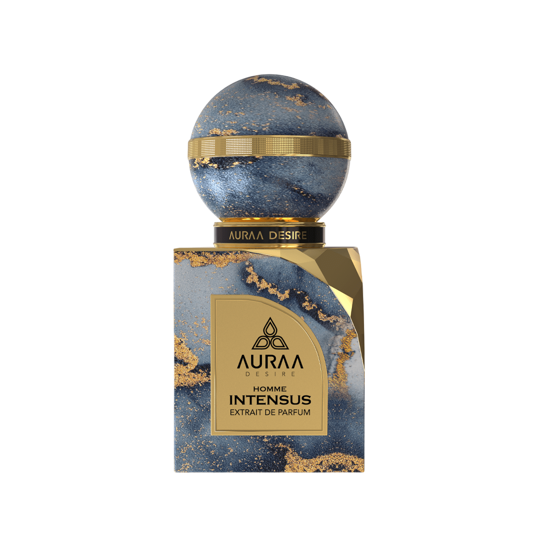 A violet & golden perfume bottle by Savia Exclusive with white background