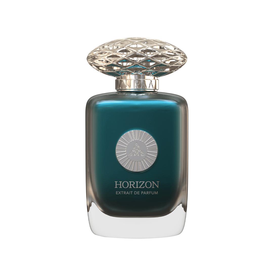 A blue perfume bottle with silver cap by Savia Exclusive & white background