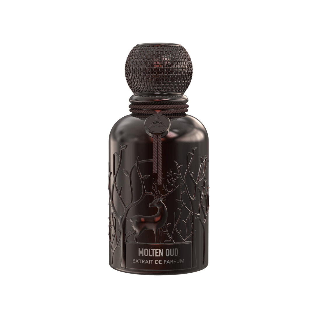 A dark brown perfume bottle by Savia Exclusive with white background