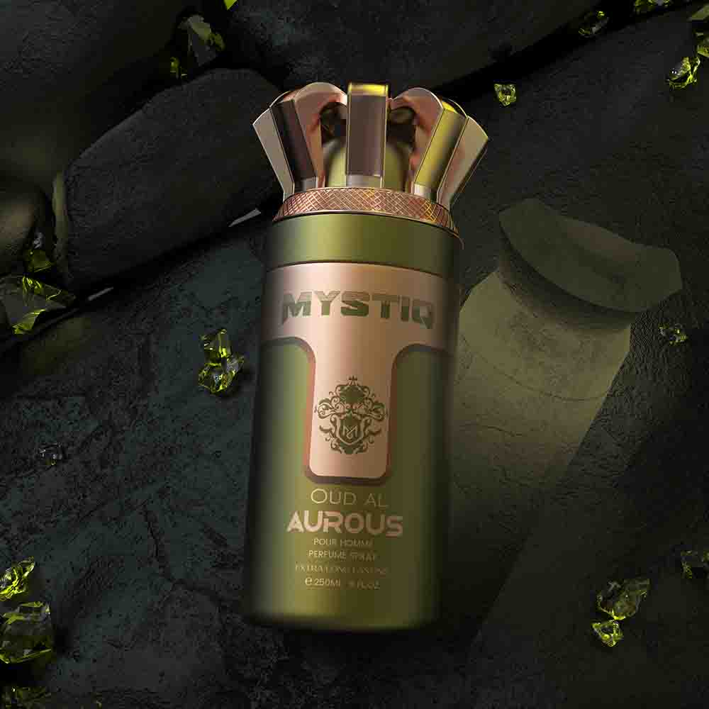 A bottle green perfume body spray creative poster from Mystiq by Savia Exclusive
