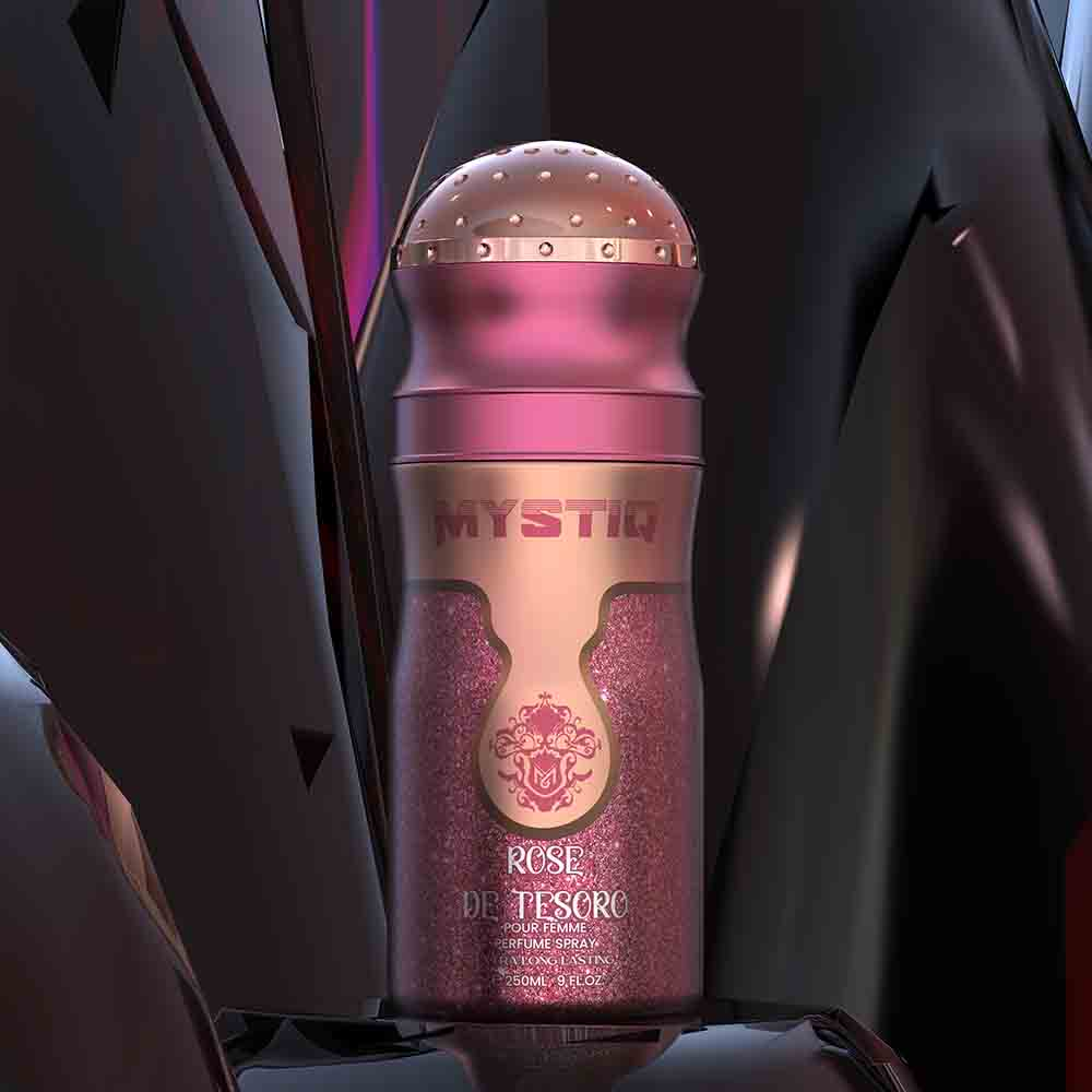 An rosy pink perfume body spray creative poster from Mystiq by Savia Exclusive