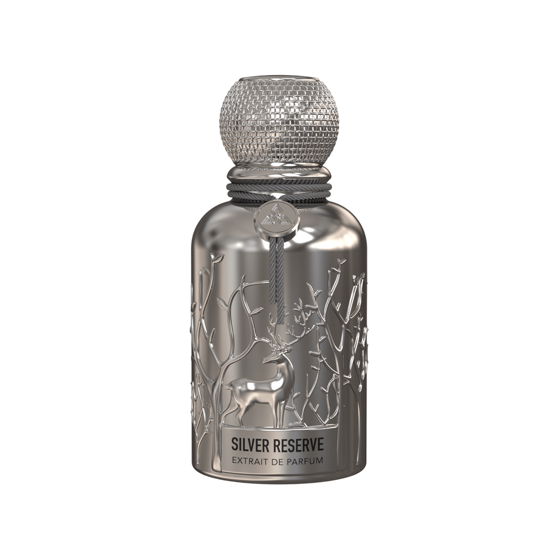 A silver perfume bottle by Savia Exclusive with white background