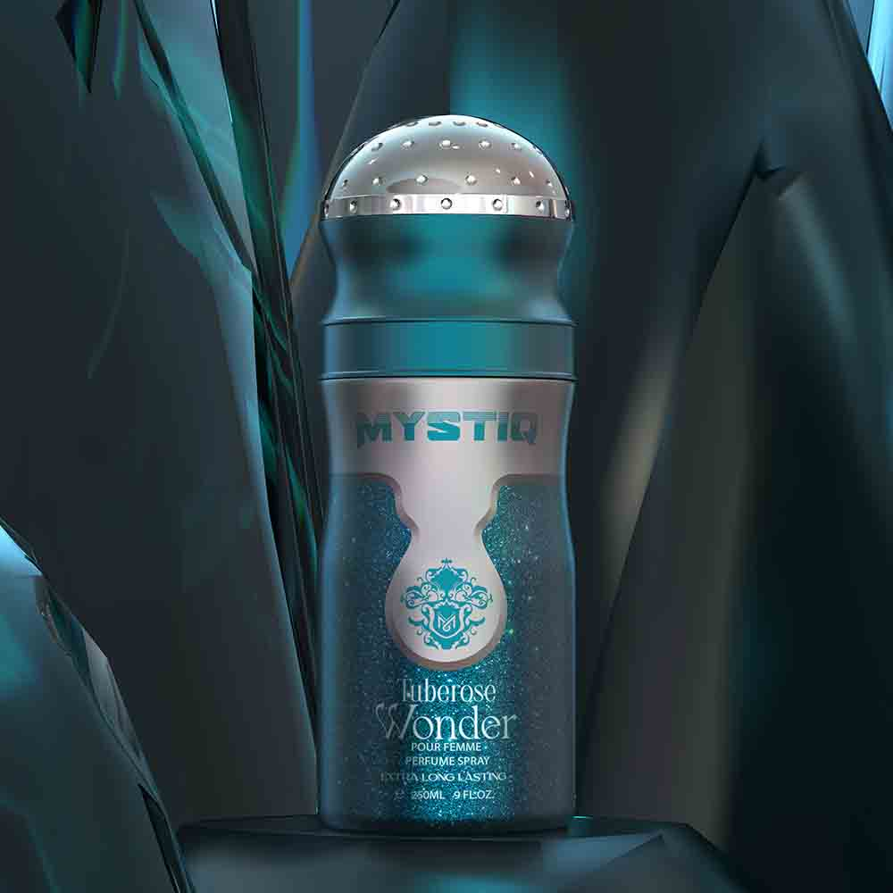 An ocean blue perfume body spray creative poster from Mystiq by Savia Exclusive