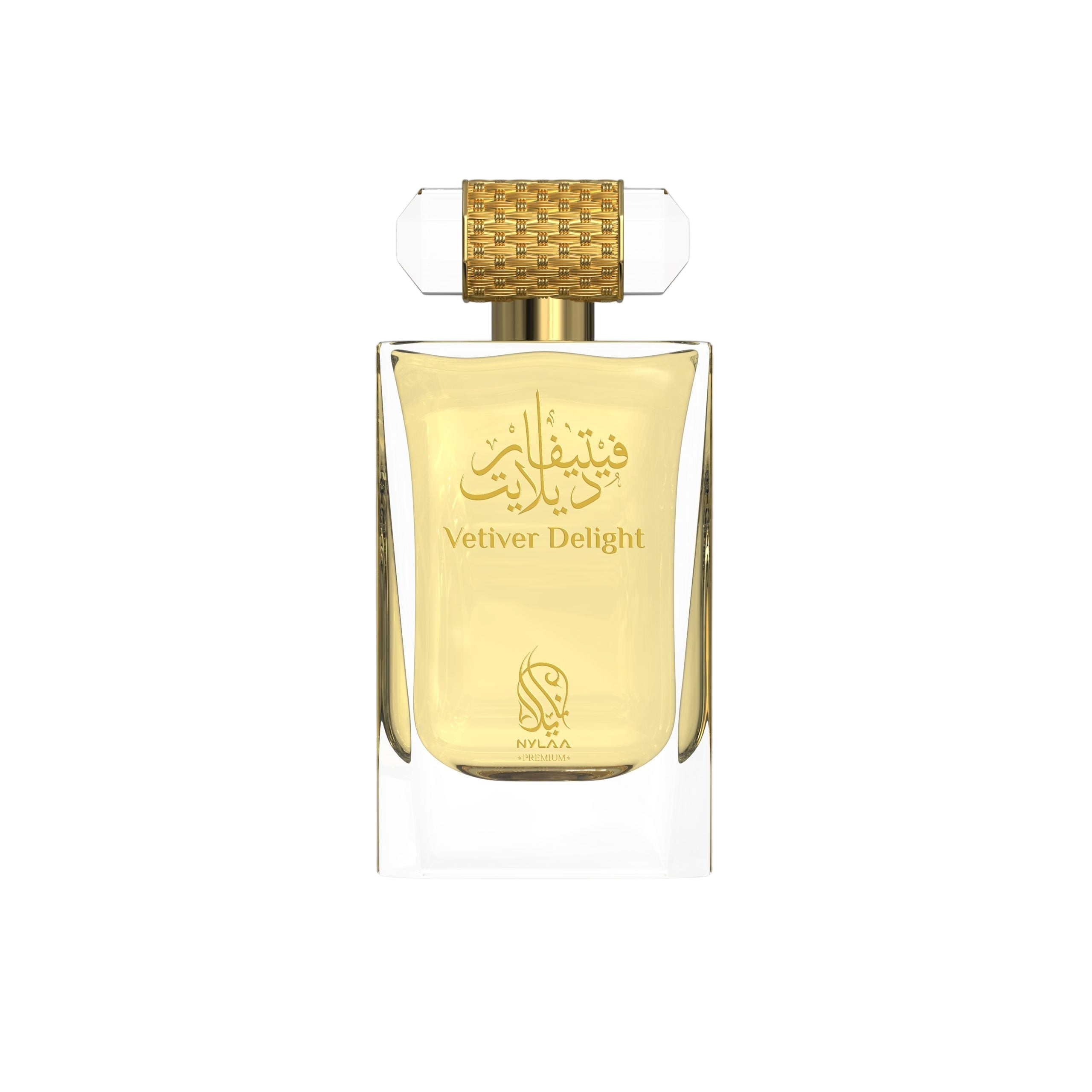 A golden perfume bottle from Nylaa by Savia Exclusive