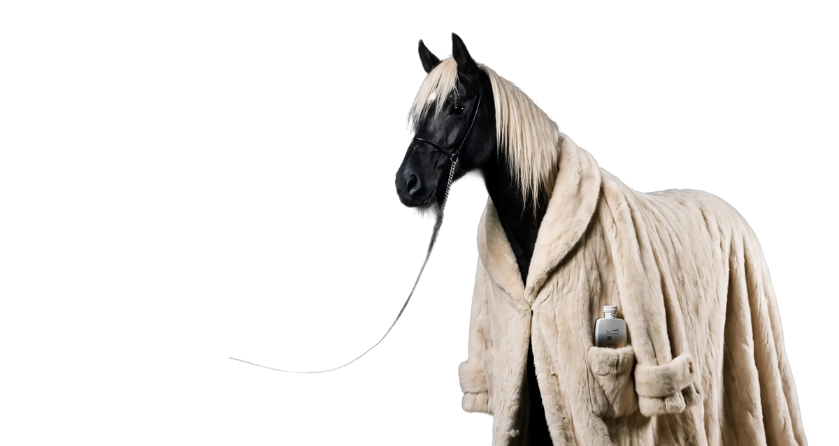 The horse in the white fur coat, bottle in its pocket