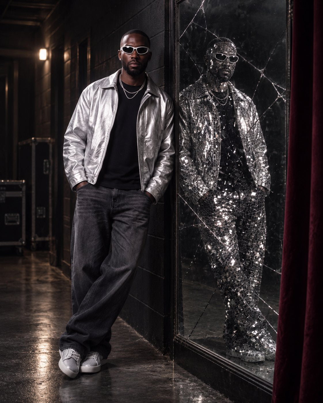 He leans on the wall beside his crystal self