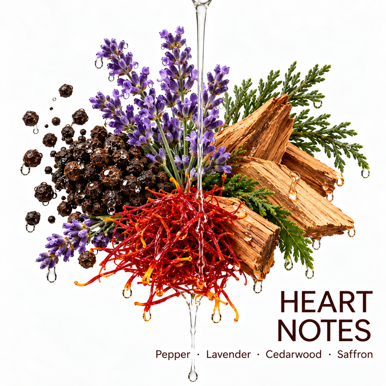 Heart notes: pepper, lavender, cedarwood and saffron